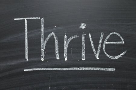 The word Thrive written by hand in white chalk on a blackboard as a reminderの写真素材