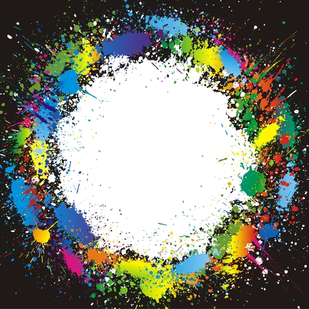 Illustration of color paint splashes on black background and with place for your textのイラスト素材
