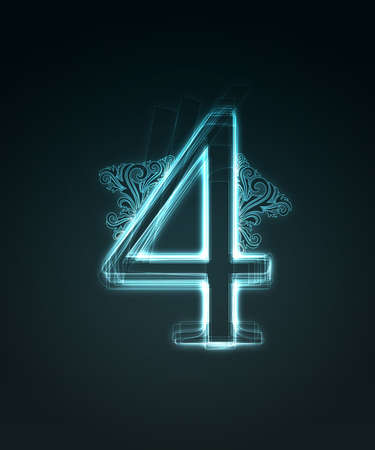 Glowing neon number with floral decoration on black background.の写真素材