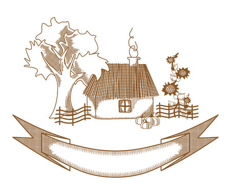 Village house. Drawing sketch vector illustration of rural home.のイラスト素材
