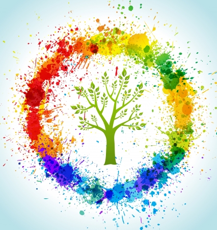 Color paint splashes eco background. tree and frame.のイラスト素材