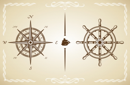 Vector Vintage Compass and Rudder のイラスト素材