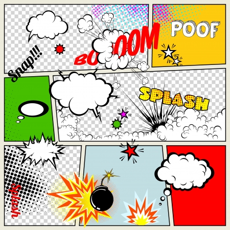 Grunge Retro Comic Speech Bubbles  Vector Illustration on Strip Abstract Talking Clouds and Sounds