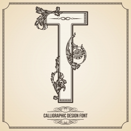 Calligraphic Design Font with Typographic Floral Elements for your Artworks. Nice for Page Decoration. Letter T.のイラスト素材
