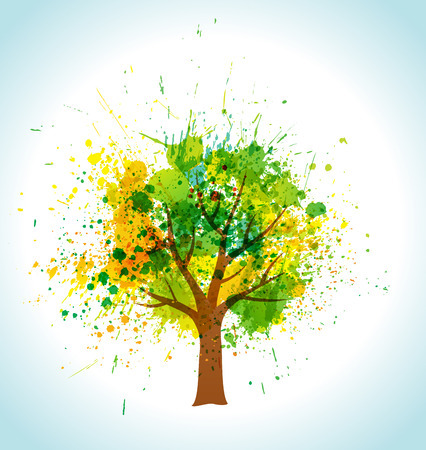 Color paint splashes eco background. Vector tree and frameのイラスト素材