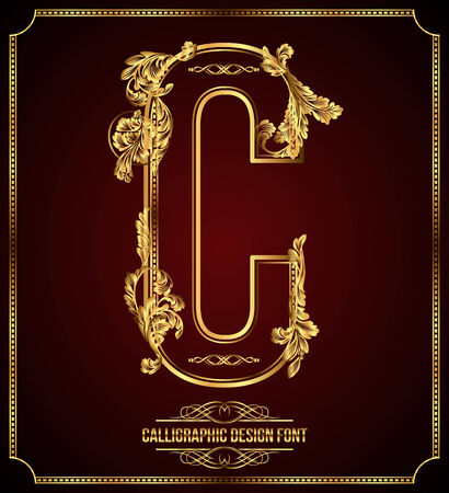 Calligraphic Design Font with Typographic Floral Elements Gold Letter Cのイラスト素材