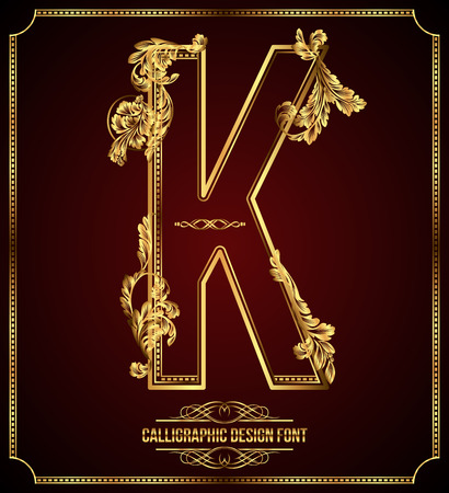 Calligraphic Design Font with Typographic Floral Elements Gold Letter Kのイラスト素材