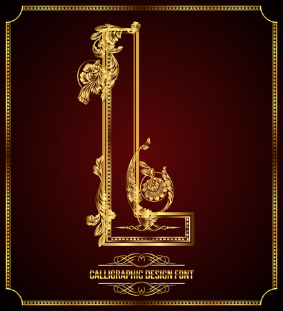 Calligraphic Design Font with Typographic Floral Elements Gold Letter Lのイラスト素材
