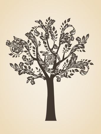 Swirl tree art concept. Brown logo. Engraving Logotypeのイラスト素材