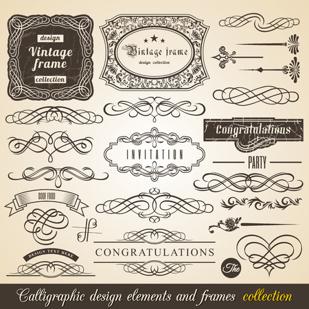 Vector Calligraphic element Border Corner Frame and Invitation Collection. Decoration Typographic Elements, Vintage Labels, Ribbons. Invitation design vector illustrationのイラスト素材