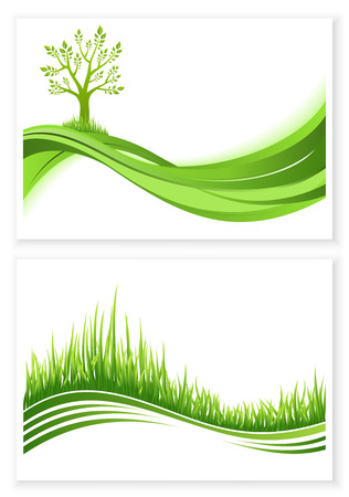 Set of green tree and grass growth vector eco concept. Nature background. Collection abstract illustrations with copyspace.のイラスト素材