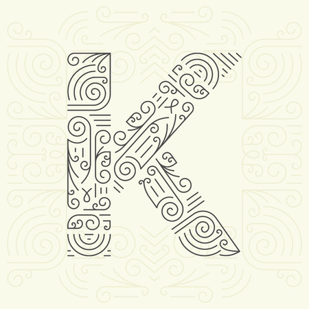 Vector Mono Line style Geometric Font Your for Text, Slogan, Template or Advertising. Golden Monogram Design element for Labels and Badges. Letter Kのイラスト素材