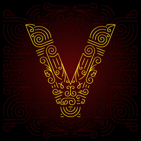 Vector Gold Mono Line style Geometric Font for Design Text, Slogan, Template or Advertising. Golden Monogram Design elements for Invitation, Postcard, Badges or Advertising. Letter Vのイラスト素材