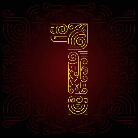 Vector Gold Mono Line style Geometric Font for Design Text. Golden Monogram Design elements for Invitation, Postcard or Advertising. Number 1のイラスト素材