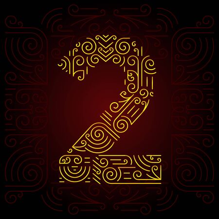 Vector Gold Mono Line style Geometric Font for Design Text. Golden Monogram Design elements for Invitation, Postcard or Advertising. Number 2のイラスト素材