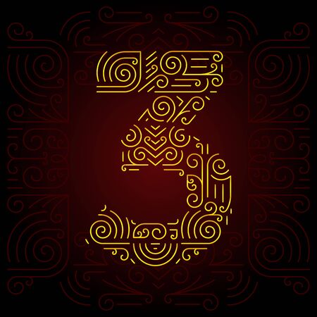 Vector Gold Mono Line style Geometric Font for Design Text. Golden Monogram Design elements for Invitation, Postcard or Advertising. Number 3のイラスト素材