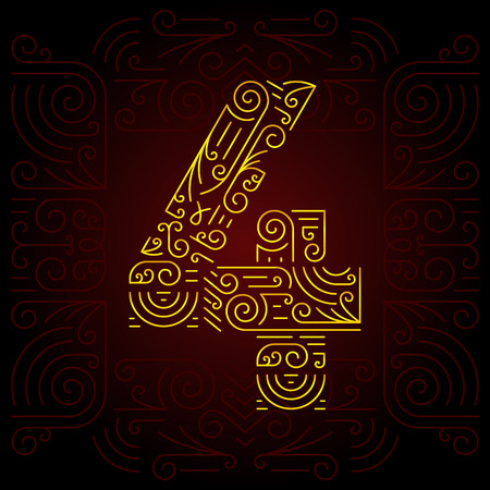 Vector Gold Mono Line style Geometric Font for Design Text. Golden Monogram Design elements for Invitation, Postcard or Advertising. Number 4のイラスト素材