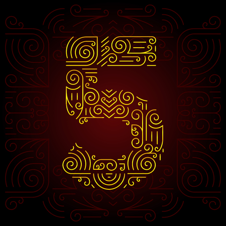 Vector Gold Mono Line style Geometric Font for Design Text. Golden Monogram Design elements for Invitation, Postcard or Advertising. Number 5のイラスト素材