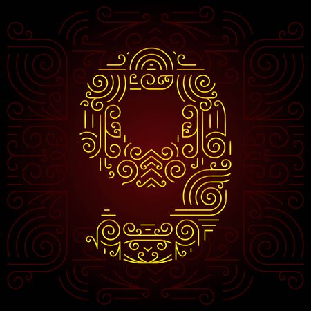 Vector Gold Mono Line style Geometric Font for Design Text. Golden Monogram Design elements for Invitation, Postcard or Advertising. Number 9のイラスト素材