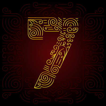 Vector Gold Mono Line style Geometric Font for Design Text. Golden Monogram Design elements for Invitation, Postcard or Advertising. Number 7の写真素材