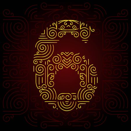 Vector Gold Mono Line style Geometric Font for Design Text. Golden Monogram Design elements for Invitation, Postcard or Advertising. Number 6のイラスト素材