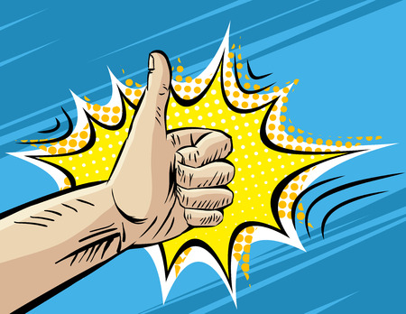 Like, Well, Fine, Hitchhiking journey Gesture. Pop art Comic retro style Vector Illustration. Imitation of old Comic Book art. Superhero hand on blue backgroundのイラスト素材
