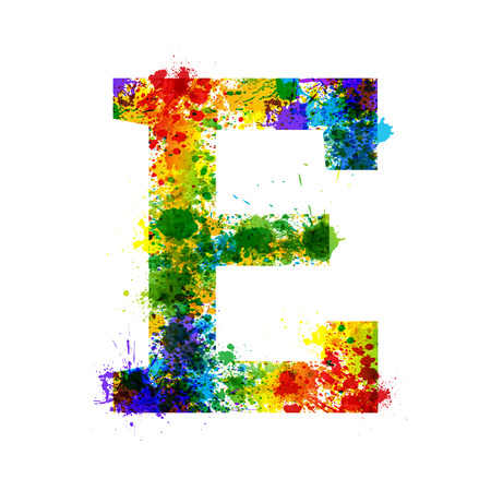 Color Paint Splashes. Gradient Vector Font. Watercolor Designer Decoration Alphabet. Color ink Symbols Isolated on a White Background. Letter Eのイラスト素材