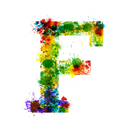 Color Paint Splashes. Gradient Vector Font. Watercolor Designer Decoration Alphabet. Color ink Symbols Isolated on a White Background. Letter Fのイラスト素材