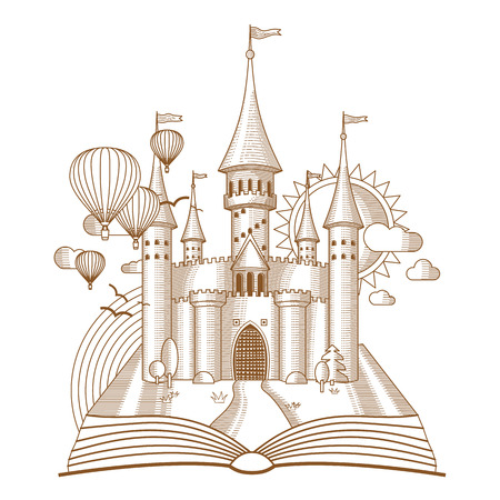 World of tales, fairy castle appearing from the old book, cartoon vector illustration. Mono line fantasy artのイラスト素材