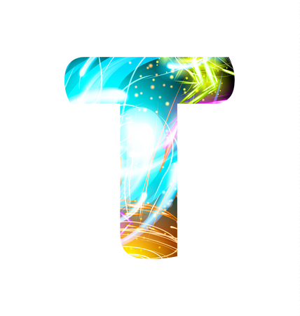 Glowing Light effect neon Font. Firework Color Design Text Symbols. Shiny letter Tのイラスト素材