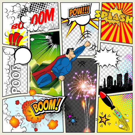 Mock-up of a typical comic book page. Vector Comics Pop art Superhero concept blank layout template with clouds beams, speech bubbles isolated. Speech bubles, symbols on colored Halftone Backgroundsのイラスト素材