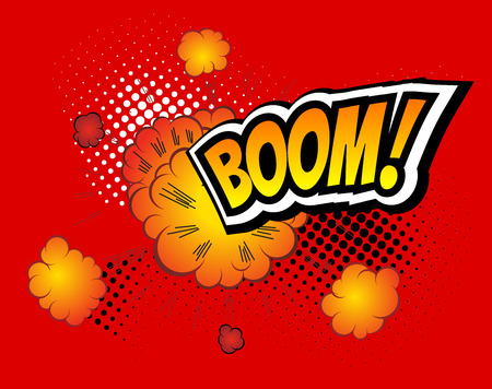 Boom. Vector Retro Comic Speech Bubble Boom, Cartoon Comics Template. Mock-up of Comic Book Design Elements. Sound Effects, Colored Halftone Backgroundのイラスト素材