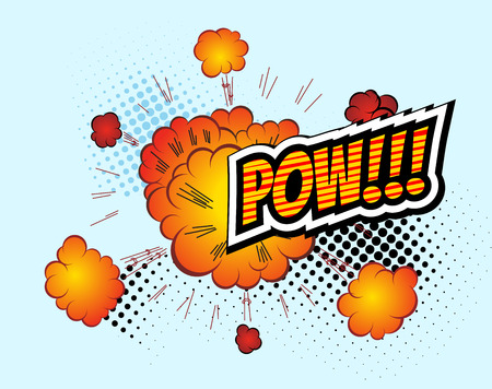 Pow. Vector Retro Comic Speech Bubble, Cartoon Comics Template. Mock-up of Comic Book Design Elements. Sound Effects, Colored Halftone Backgroundのイラスト素材