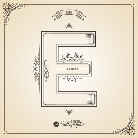 Calligraphic Fotn with Border, Frame Elements and Invitation Design Symbols. Collection of Glyph. Certificate and Decor Design Elements. Hand written retro feather Symbol. Letter Eのイラスト素材
