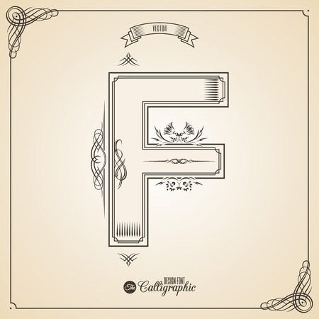 Calligraphic Fotn with Border, Frame Elements and Invitation Design Symbols. Collection of Glyph. Certificate and Decor Design Elements. Hand written retro feather Symbol. Letter Fのイラスト素材