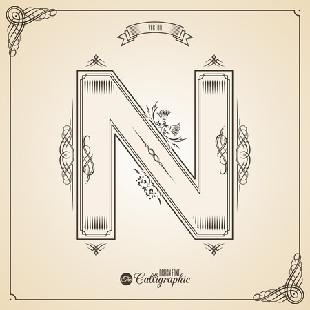 Calligraphic Fotn with Border, Frame Elements and Invitation Design Symbols. Collection of Glyph. Certificate and Decor Design Elements. Hand written retro feather Symbol. Letter Nのイラスト素材