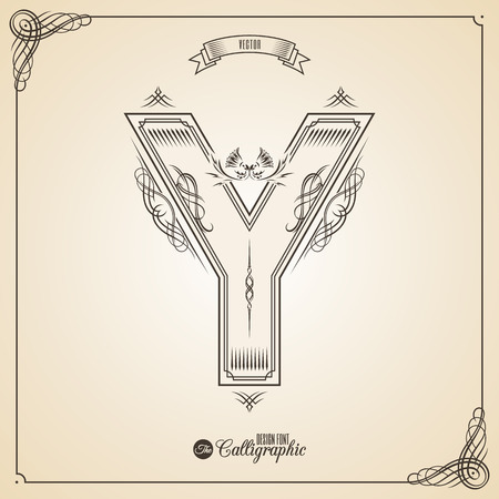 Calligraphic Fotn with Border, Frame Elements and Invitation Design Symbols. Collection of Glyph. Certificate and Decor Design Elements. Hand written retro feather Symbol. Letter Yのイラスト素材