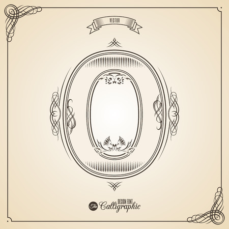 Calligraphic Fotn with Border, Frame Elements and Invitation Design Symbols. Collection of Glyph. Certificate and Decor Design Elements. Hand written retro feather Symbol. Number 0のイラスト素材