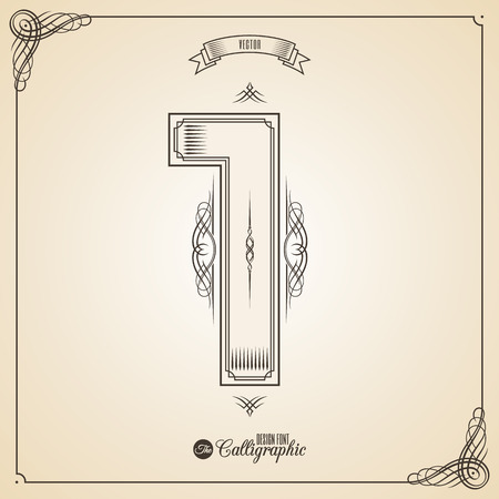 Calligraphic Fotn with Border, Frame Elements and Invitation Design Symbols. Collection of Glyph. Certificate and Decor Design Elements. Hand written retro feather Symbol. Number 1のイラスト素材