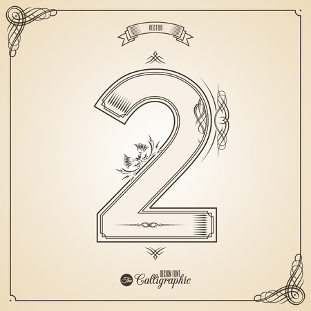 Calligraphic Fotn with Border, Frame Elements and Invitation Design Symbols. Collection of Glyph. Certificate and Decor Design Elements. Hand written retro feather Symbol. Number 2のイラスト素材