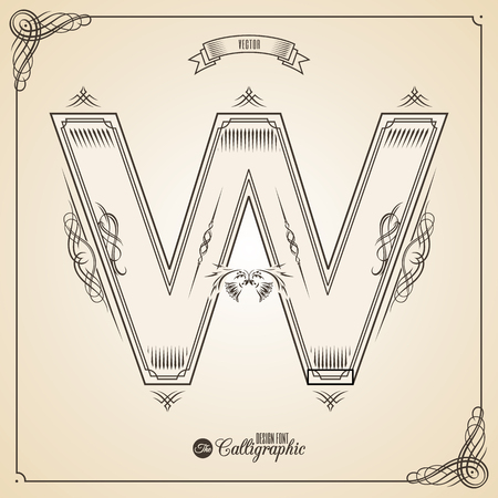 Calligraphic Fotn with Border, Frame Elements and Invitation Design Symbols. Collection of Glyph. Certificate and Decor Design Elements. Hand written retro feather Symbol. Letter Wのイラスト素材