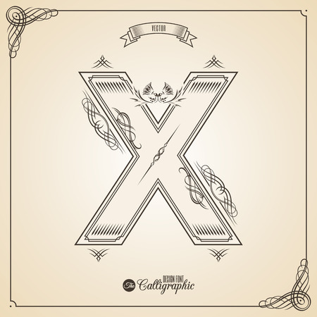 Calligraphic Fotn with Border, Frame Elements and Invitation Design Symbols. Collection of Glyph. Certificate and Decor Design Elements. Hand written retro feather Symbol. Letter Xのイラスト素材