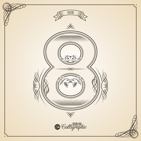 Calligraphic Font with Border, Frame Elements and Invitation Design Symbols. Collection of Glyph. Certificate and Decor Design Elements. Hand written retro feather Symbol. Number 8のイラスト素材