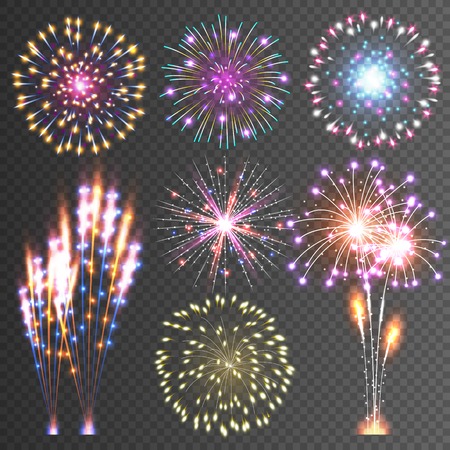 Festive Firework. Abstract Vector Isolated Pictograms. Dazzling Light up the sky. Icons on a black Backgroundのイラスト素材