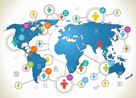 Social Network. Various shapes sparkling Pictograms set. Flat design concept with World Mapのイラスト素材
