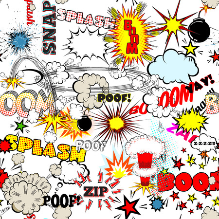 Seamless Comic Book Explosion, Bombs And Blast Set. Bubbles for speech, different sounds and splashes vectorのイラスト素材