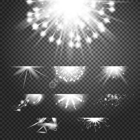 Glint glory effect. Simple vector white and bright suns on transparent background. Stars and meteorsのイラスト素材