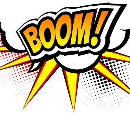 Boom, Pop art inspired illustration of a explosion. Comic Book Speach bubble and halftone dotsのイラスト素材