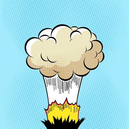 Boom. Comic book explosion on halftone pixel blue background. Cloud after the explosionのイラスト素材