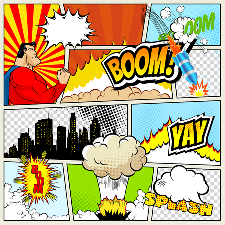 A high detail vector mock-up of a typical comic book page with various speech bubbles, symbols and sound effects and colored Halftone Backgrounds superheroのイラスト素材